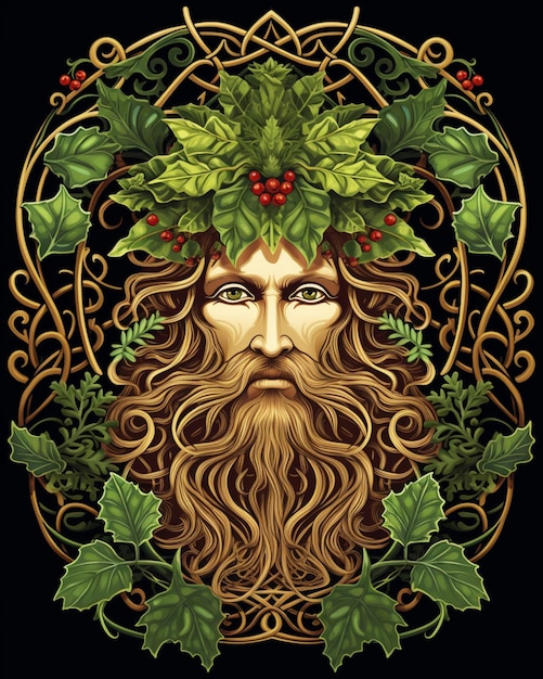 un homme vert avec une barbe et des feuilles de holly sur sa tête