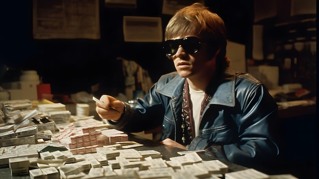 Un homme en veste bleue est assis à une table avec une pile de cartes devant lui.