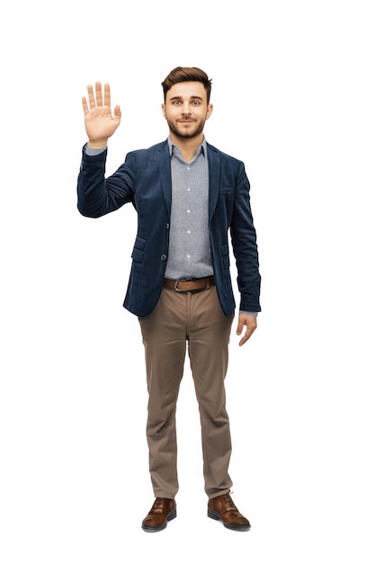 un homme avec une veste bleue qui dit qu'il agite