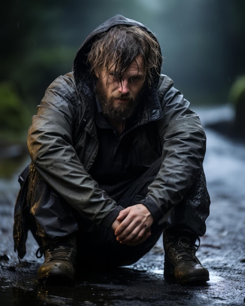 un homme avec une veste à capuche assis sur le sol sous la pluie