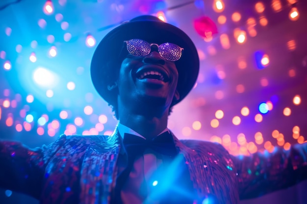 Homme en veste étincelante et chapeau avec lunettes LED lors d'une fête animée avec des lumières bokeh colorées