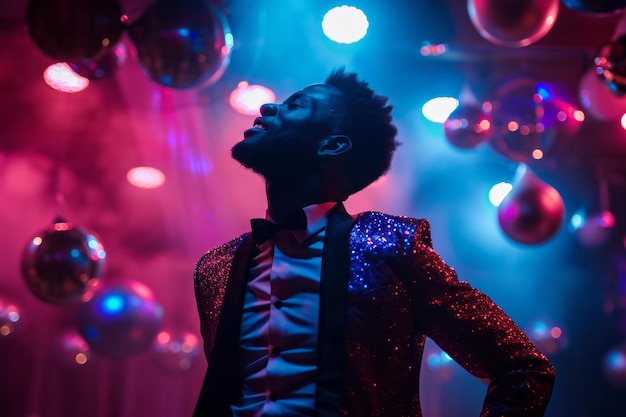 Homme en veste étincelante à la fête avec des boules disco et des lumières vibrantes