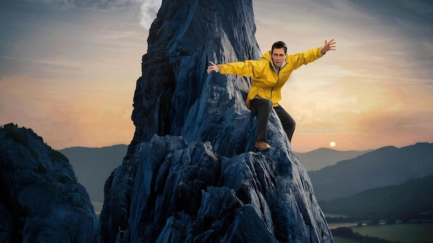 Un homme avec une veste jaune pose sur le sommet du rocher