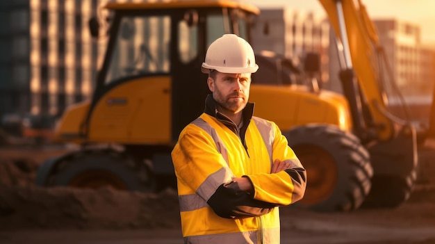 Un homme en veste jaune se tient devant un bulldozer.