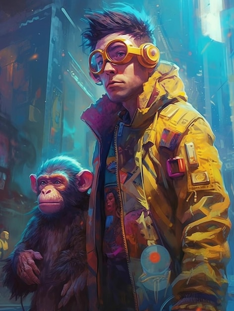 Un homme en veste jaune et un singe