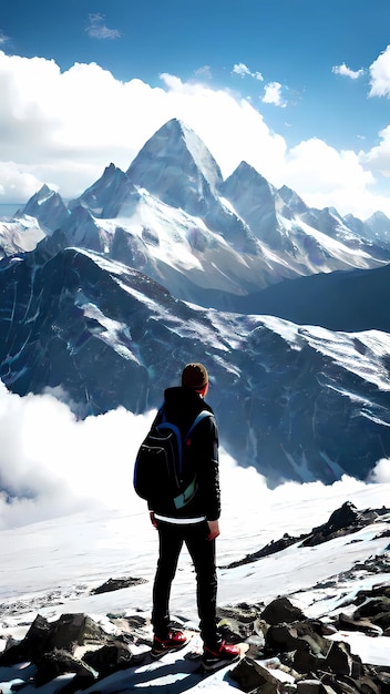 un homme en veste noire se tient sur une montagne.