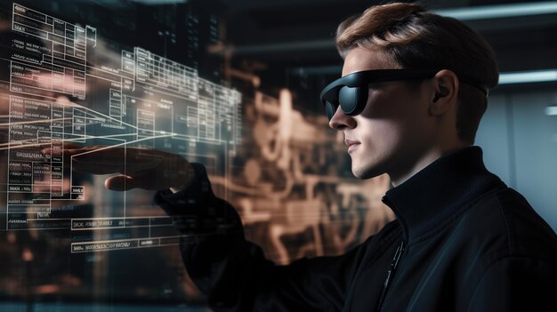 Un homme en veste noire utilise un écran d'ordinateur pour numériser une image futuriste d'un écran futuriste.
