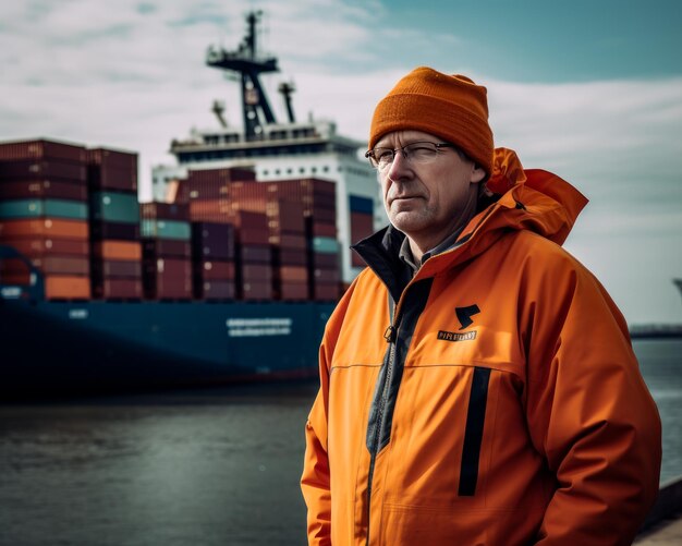 Homme en veste orange debout devant un grand navire Homme en veste orange debout devant un grand navire
