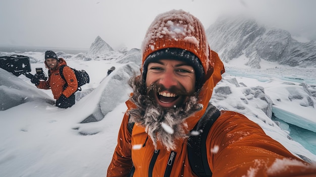 Un homme en veste orange sourit dans la neige.