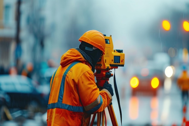 L'homme en veste orange tenant la caméra