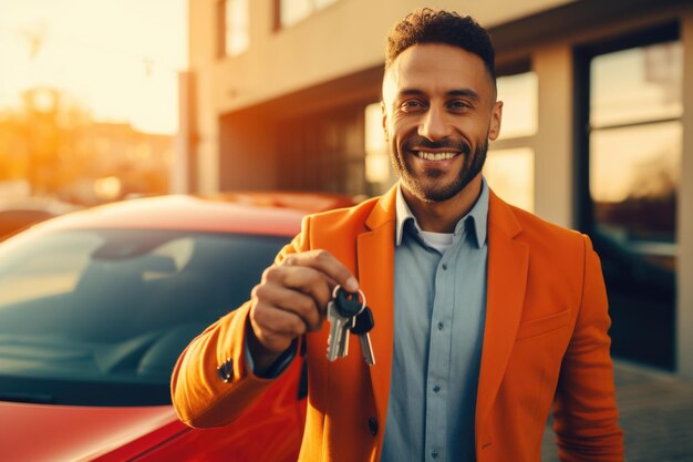 Photo un homme en veste orange tenant la clé de la voiture.