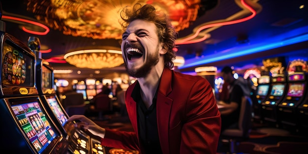 Homme en veste rouge célébrant sa victoire à l'excitation et la joie de la machine à sous du casino à Las Vegas, soirée amusante capturée par l'IA