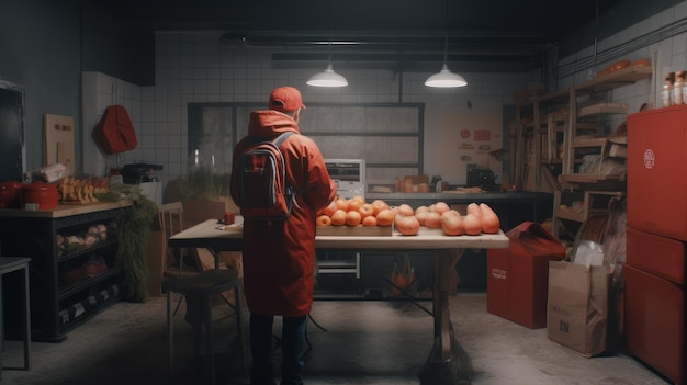 Un homme en veste rouge se tient devant une table pleine de tomates.