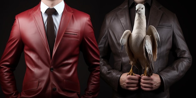 Un homme en veste rouge tient deux oiseaux devant lui.