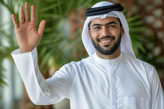 Un homme en vêtements arabes traditionnels agite sa main