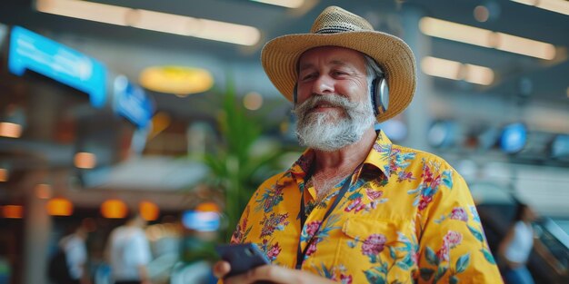 un homme en vêtements d'été lumineux et confortables et des écouteurs à l'aéroport à l'aide d'un smartphone généré par l'IA