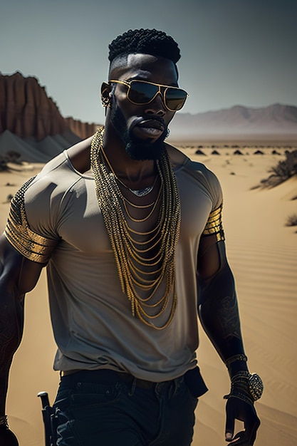 Homme en vetements hip hop ayant une journee ensoleillee dans le desert Generative AI Photo Premium