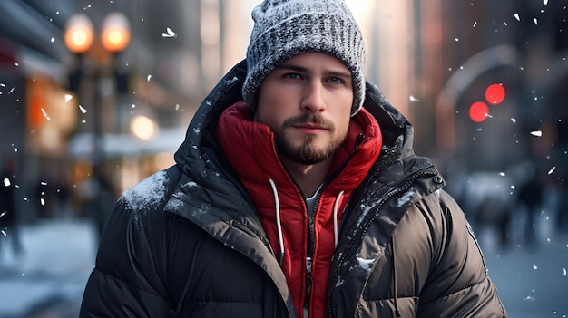 Homme en vêtements d'hiver avec un bonnet debout dans la chute de neige arrière-plan urbain avec des lumières bokeh