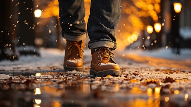 Photo un homme en vêtements d'hiver avec des chaussures se promène dans la forêt au coucher du soleil.