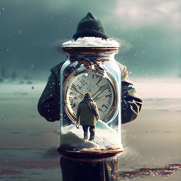 Photo homme en vêtements d'hiver avec horloge dans un bocal en verre concept de temps