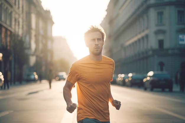 Un homme en vêtements de sport part faire un jogging matinal dans une rue de la ville au soleil.