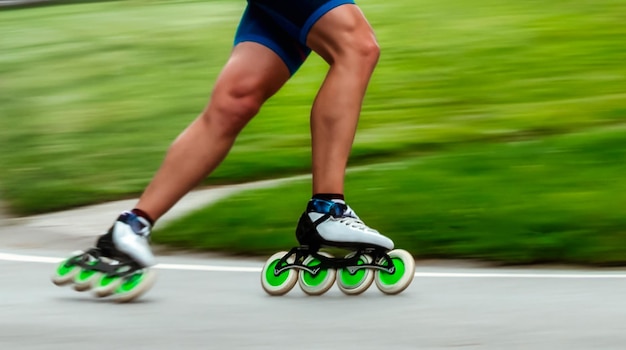 L'homme en vêtements de sport patine à grande vitesse sur des patins à roues alignées à l'extérieur Patinage professionnel