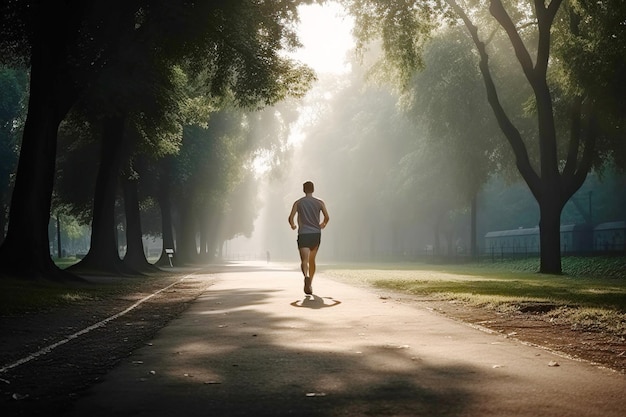 Un homme en vêtements de sport en train de courir le matin dans une forêt de parc sous les rayons du soleil.