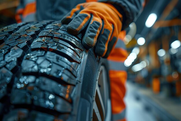 Un homme en vêtements de travail orange et gants de protection roule un pneu de voiture à travers l'entrepôt de l'usine