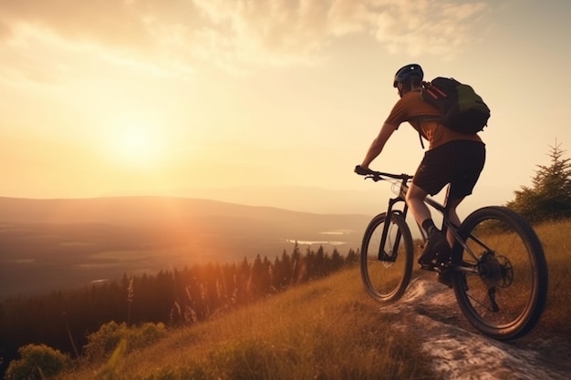 Homme vététiste en descente profitant d'une balade et d'une aventure de vie dans la montagne