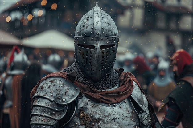 Un homme vêtu d'une armure devant une foule.