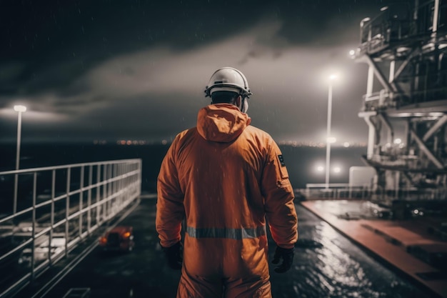 Un homme vêtu d'une combinaison orange se tient sur le pont d'un navire la nuit.