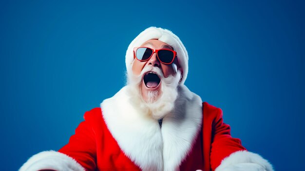 Photo un homme vêtu d'un costume de père noël et de lunettes de soleil avec la bouche grande ouverte.