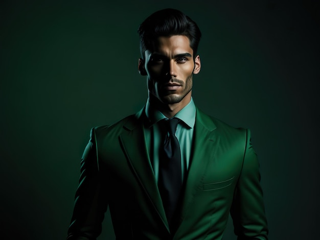 Un homme vêtu d'un costume vert et d'une chemise verte se tient dans une pièce sombre.