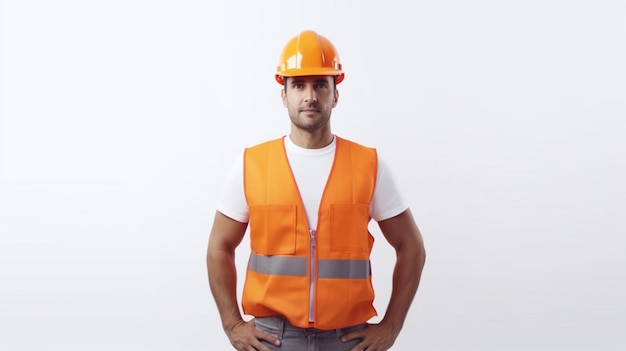 Un homme vêtu d'un gilet orange et d'une chemise blanche se tient debout, les mains sur les hanches