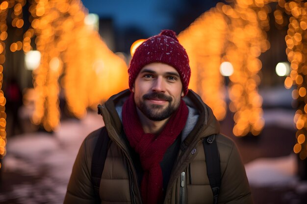 Un homme vêtu d'hiver debout près des lumières de glace