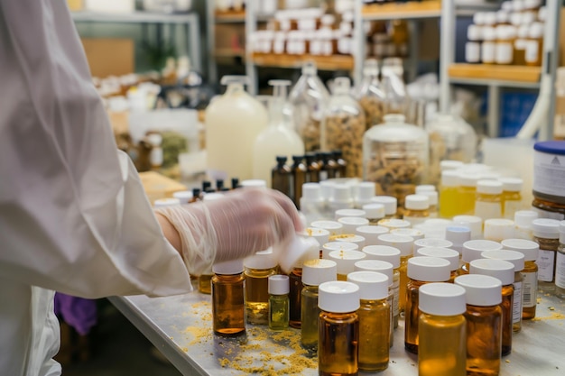 Un homme vêtu d'un manteau de laboratoire et de gants met un récipient de médicaments génératifs.