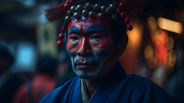 Un homme vêtu d'une robe bleue aux yeux rouges et bleus se tient devant un fond sombre.