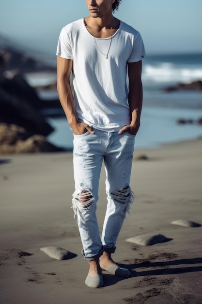 Un homme vêtu d'un t-shirt blanc et d'un jean déchiré se tient sur une plage.