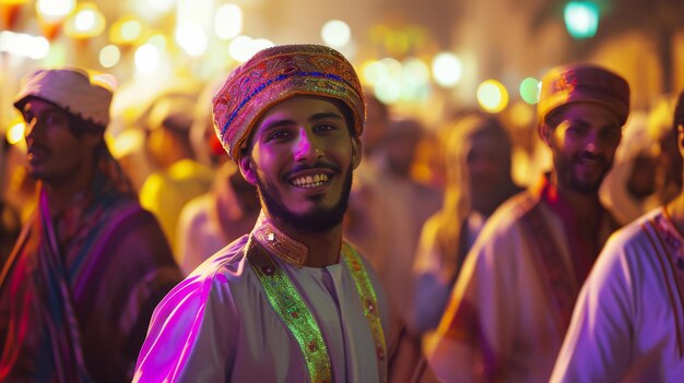 Un homme vêtu d'une tenue jaune tient un tambour dans ses mains et pose pour la caméra Ramadan