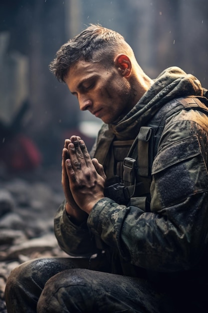 Photo un homme vêtu d'un uniforme militaire est capturé dans un moment de prière cette image puissante montre le dévouement et la foi de ceux qui servent leur pays idéal pour les thèmes patriotiques et religieux