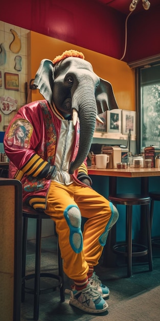 Un homme vêtu d'une veste rouge et d'un pantalon jaune est assis dans un restaurant avec une pancarte indiquant "éléphant" dessus.