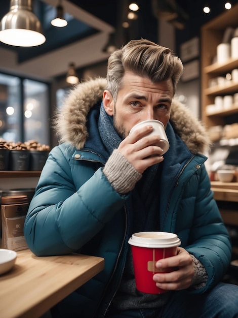 Un homme vêtu de vêtements d'hiver est assis dans un magasin à boire du café