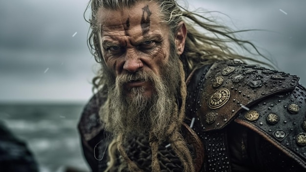 Un homme viking avec une barbe et une barbe regarde la caméra.