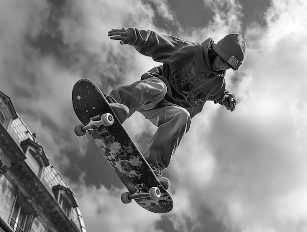 Un homme volant dans les airs sur un skateboard IA générative
