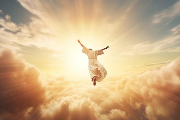 Un homme volant dans le ciel avec le soleil qui brille sur ses bras.