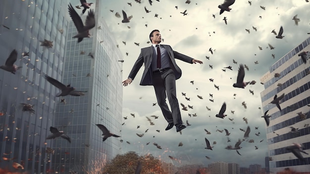 Un homme volant dans le ciel avec une volée d'oiseaux en arrière-plan.