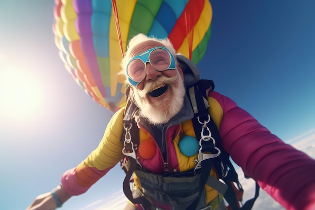 Un homme volant avec un parachute et portant une veste rose et bleue