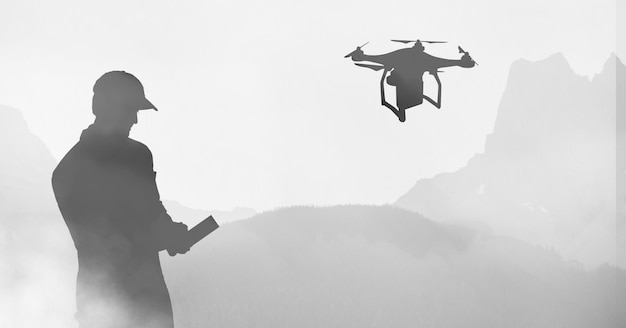 Homme volant une silhouette de drone dans le ciel