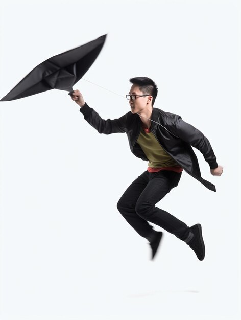 Un homme vole dans les airs avec un parapluie.