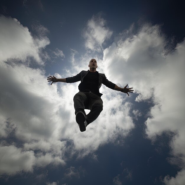 Photo un homme vole à travers le ciel avec ses bras tendus vers le ciel